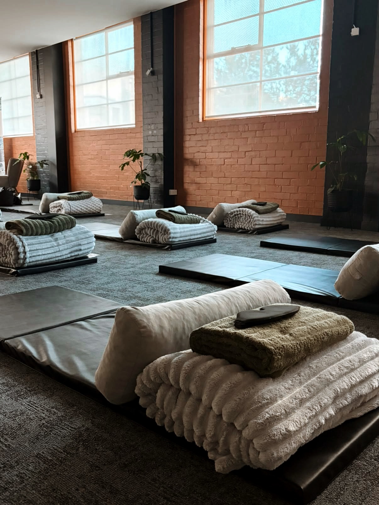 Breathwork session mats set up at Longevity Lab