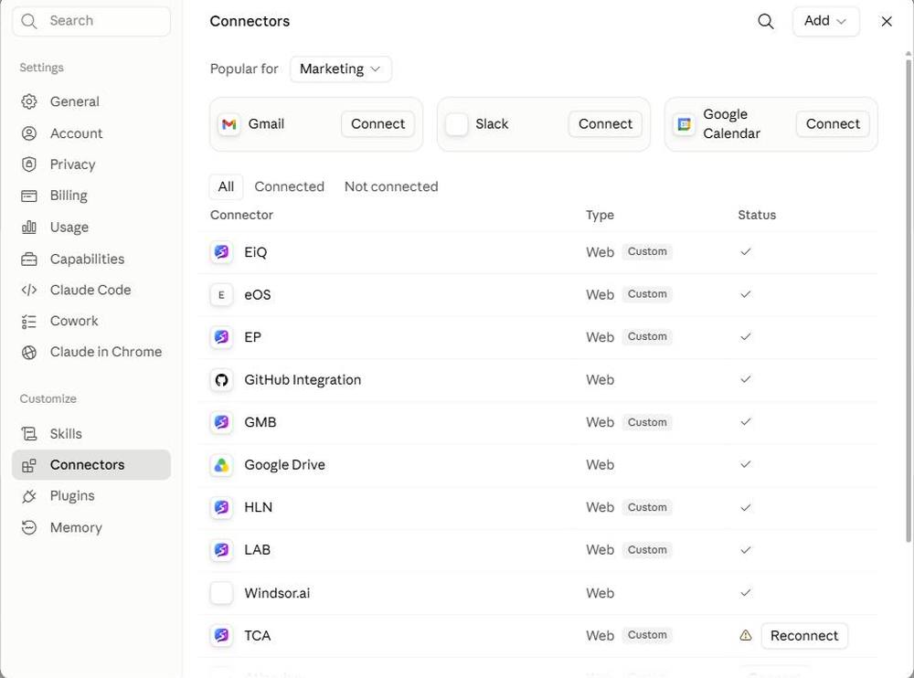 Settings Connectors page