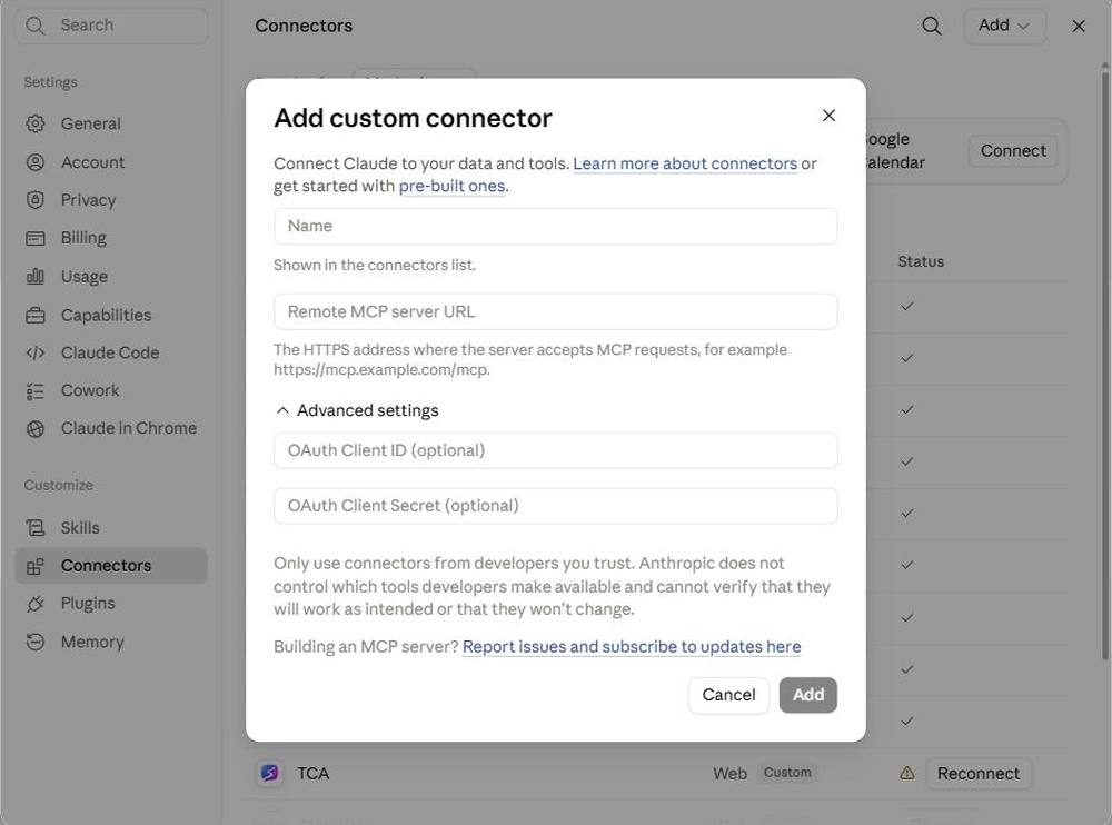 Add custom connector dialog